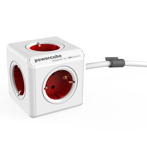 DesignNest PowerCube Extended 3 meter kabel - wit/rood - 5 stopcontacten Type F - stekkerdoos - stekkerblok
