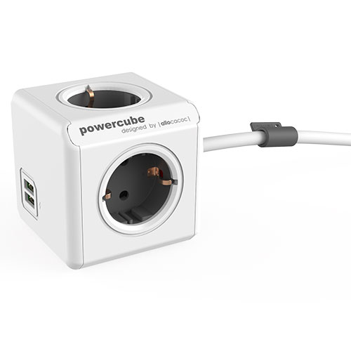 PowerCube Extended Duo USB - 3 meter kabel - Wit/Grijs - 4 stopcontacten - 2 USB laders - NL\/DE (Type F)