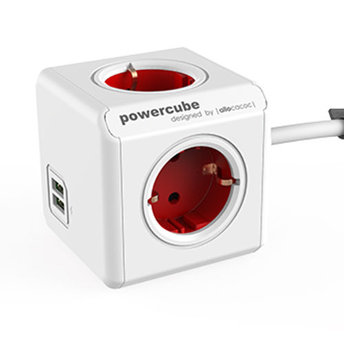 Allocacoc PowerCube Extended stekkerdoos met 4 contacten en 2x USB / rood/wit - 1,5 meter
