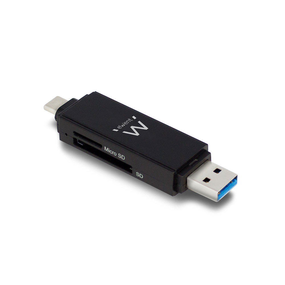 Ewent EW1075 Externe USB 3.1 Gen1 SD microSD Kaartlezer Type C en Type A - Zwart