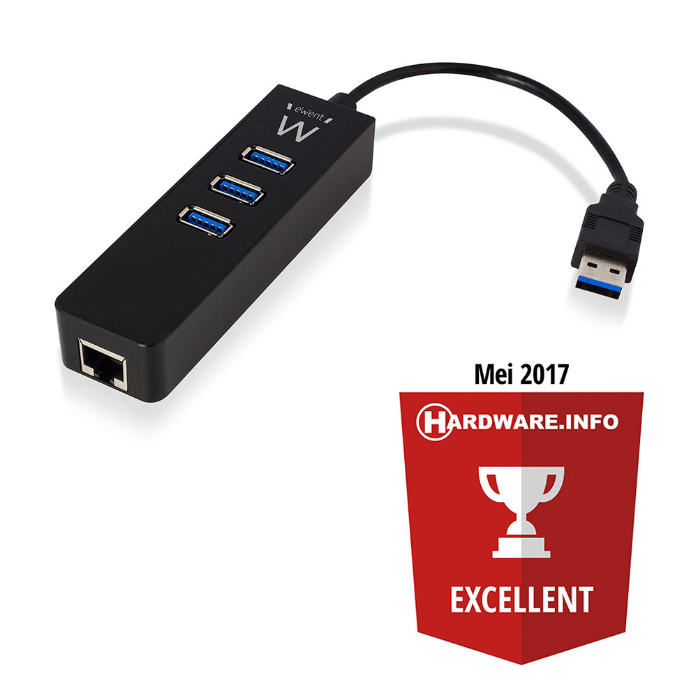 Ewent EW1140 3 Poorts USB 3.1 Gen1 (USB 3.0) HUB Gigabit Netwerkpoort Zwart