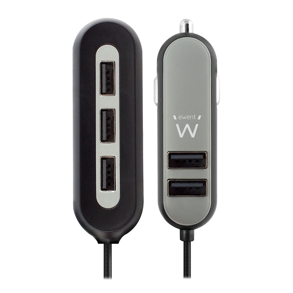 Ewent EW1355 Smart USB Autolader 5 Poorts 10.8A Zwart Grijs