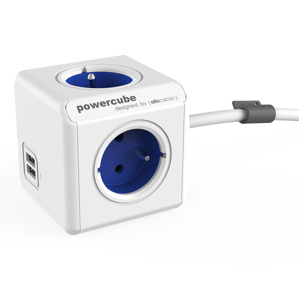 Allocacoc 6403BL BEEUPC PowerCube Extended 3 Sockets Type E USB Wit Blauw 1,5 meter