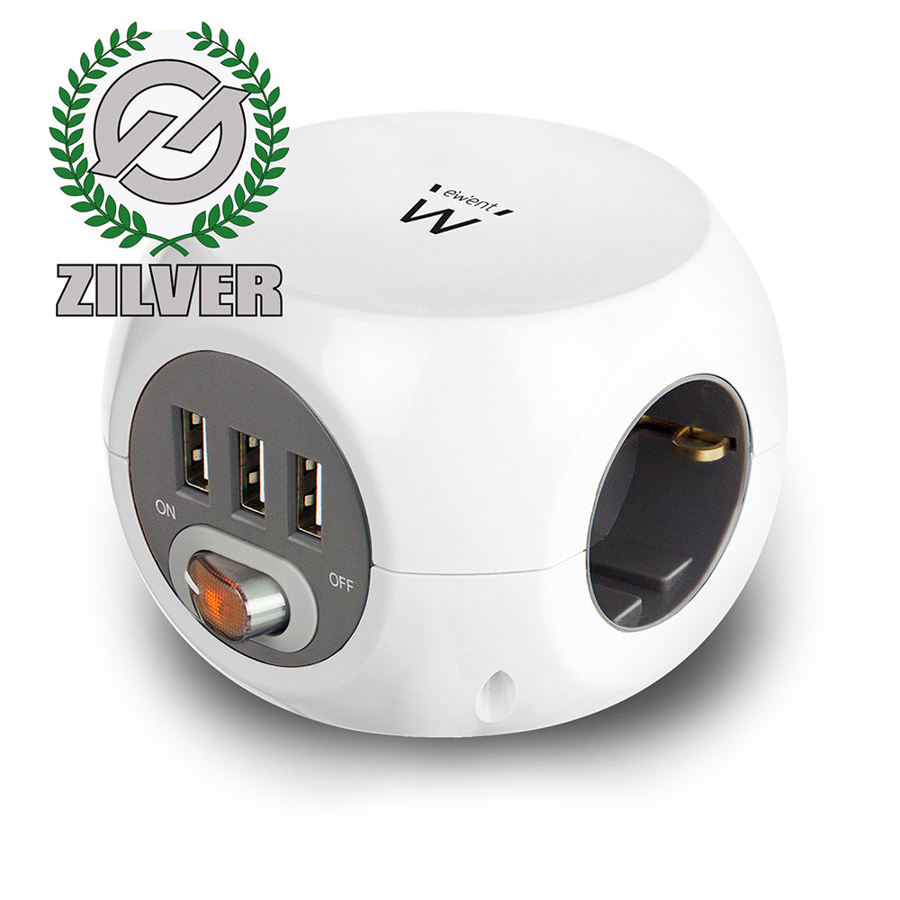 Ewent EW3939 Power Block Stekkerdoos 3 Sockets USB Wit 1,5 Meter