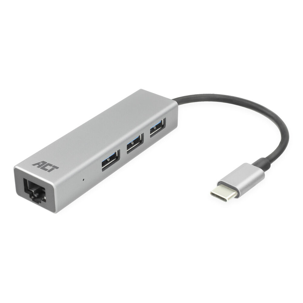 ACT AC7055 USB Hub USB C 3.1 Gen1 (USB 3.0) 3x USB A (f) 1x Ethernet Poort 15 cm