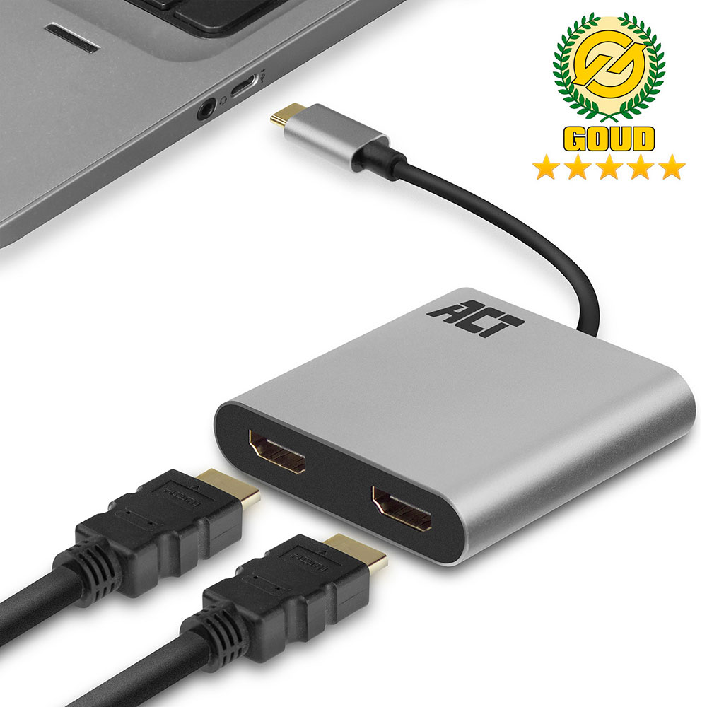 ACT AC7012 USB C naar HDMI MST HUB Dual Monitor 4K@60Hz Aluminium 13 cm