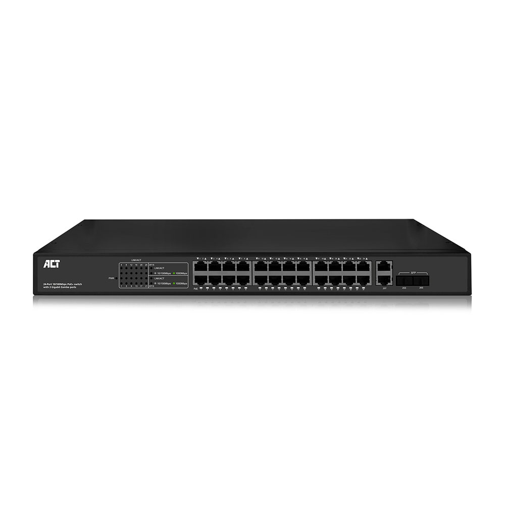 ACT AC4434 24 Poorts Netwerk Switch 10 100Mbps 24x PoE Poorten 2 x SFP 19 Inbouw