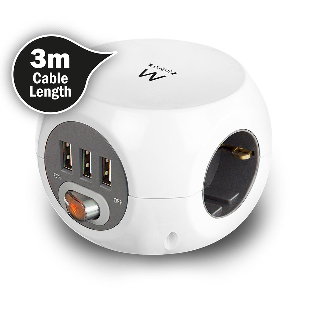 Ewent EW3953 Block Stekkerdoos 3 Sockets met USB Poorten Wit 3 meter
