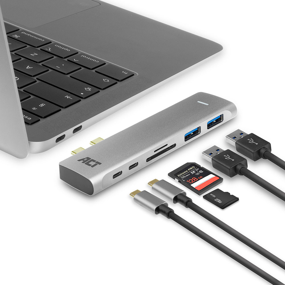 ACT AC7025 USB C Thunderbolt 3 HDMI Multi Port Adapter 4K USB C 2x USB A Kaartlezer