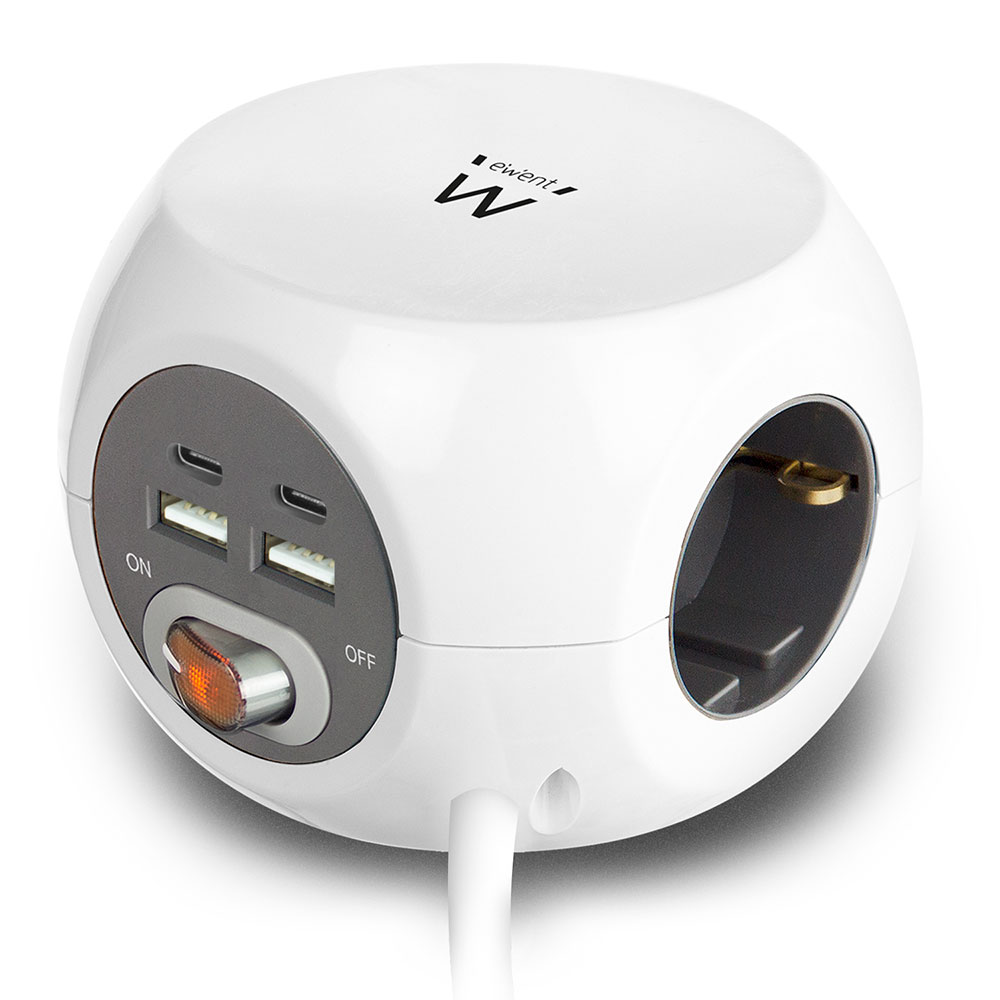 Ewent EW3957 Power Block Stekkerdoos 3 Sockets 2x USB A 2x USB C Wit
