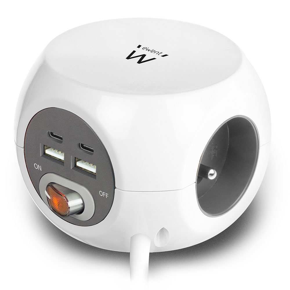 Ewent EW3975 Power Block Stekkerdoos 3 Sockets Type E 2x USB A 2x USB C Wit