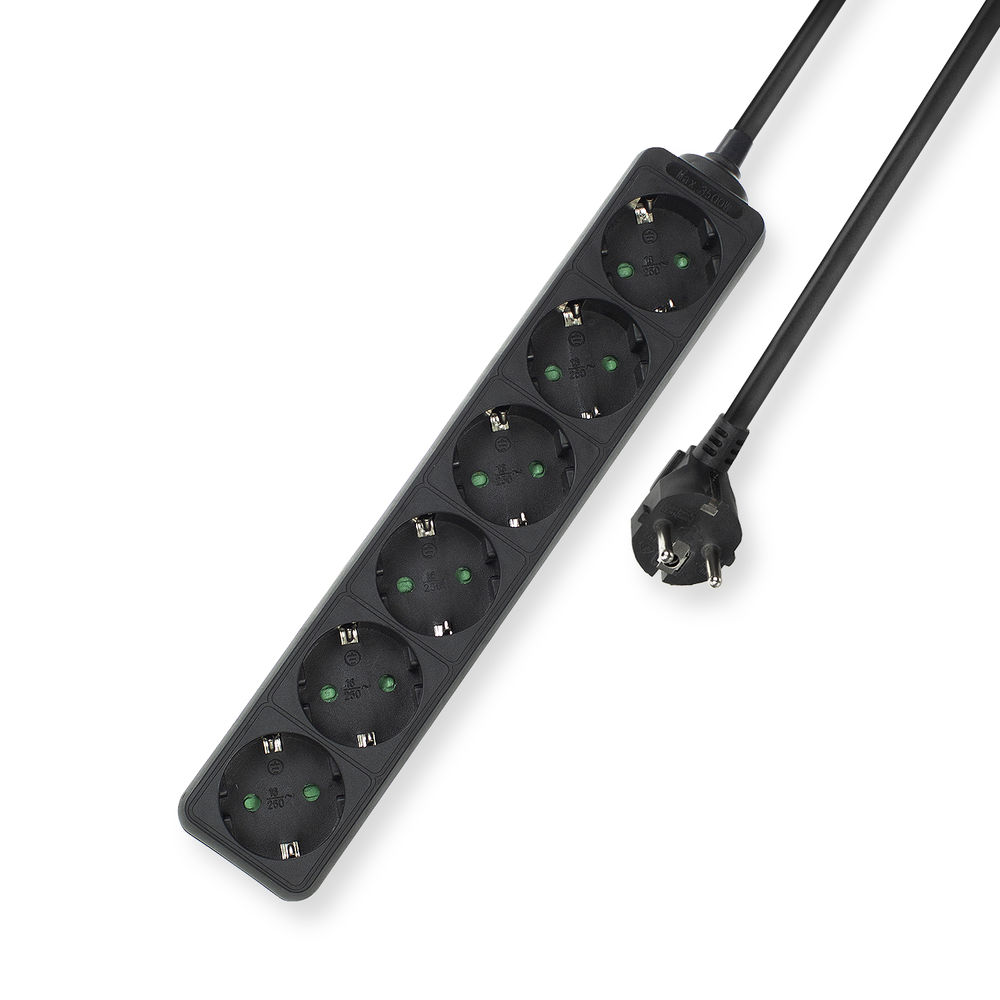 ACT AC2460 Stekkerdoos 6 Sockets Zwart – Kinderbeveliging – 3 meter