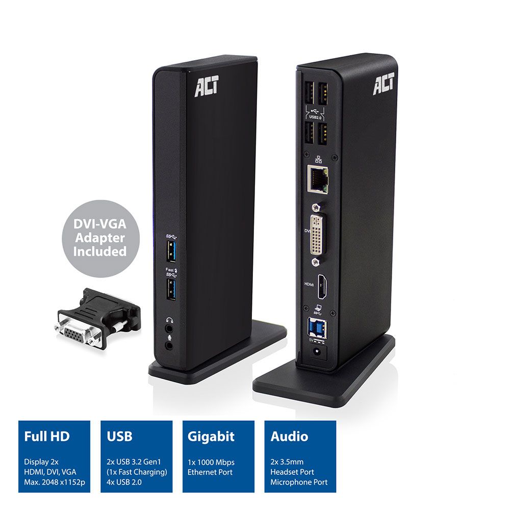 ACT AC6150 Dual Display Docking Station HDMI, DVI, USB | Kabels.nl